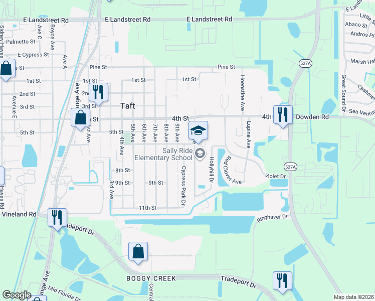 map of restaurants, bars, coffee shops, grocery stores, and more near 9657 Cypress Park Drive in Orlando