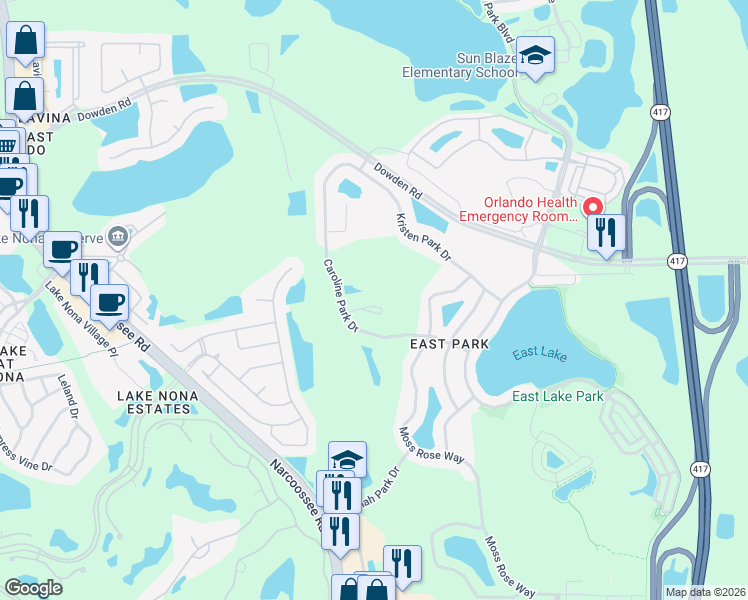 map of restaurants, bars, coffee shops, grocery stores, and more near 10241 Park Row Court in Orlando