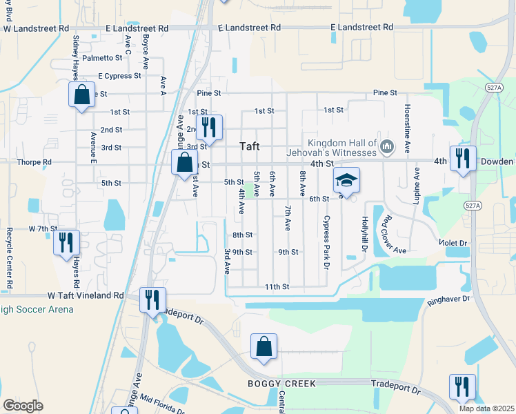 map of restaurants, bars, coffee shops, grocery stores, and more near 9663 5th Avenue in Orlando
