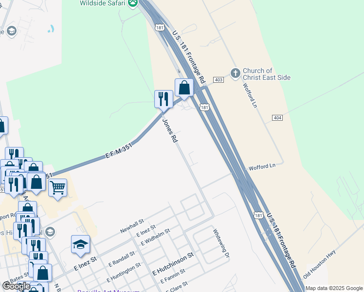 map of restaurants, bars, coffee shops, grocery stores, and more near 2001-2299 Jones Road in Beeville