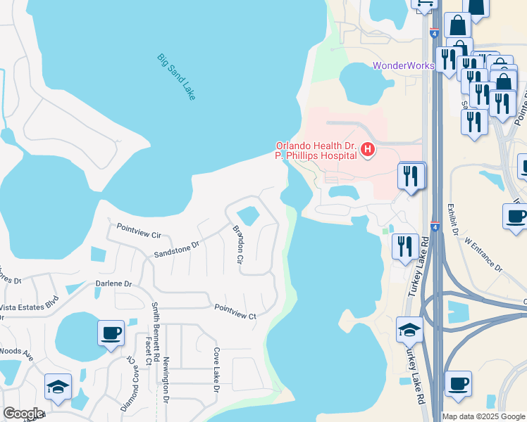 map of restaurants, bars, coffee shops, grocery stores, and more near 10069 Brandon Circle in Orlando