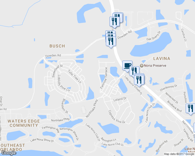 map of restaurants, bars, coffee shops, grocery stores, and more near 9630 Piccadilly Sky Way in Orlando
