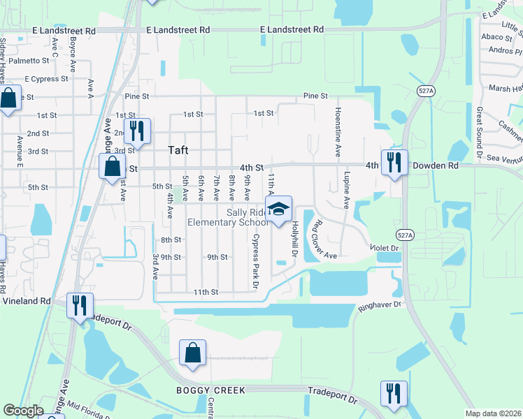 map of restaurants, bars, coffee shops, grocery stores, and more near 9657 Cypress Park Drive in Orlando
