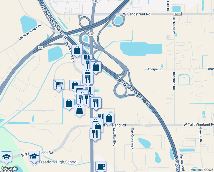 map of restaurants, bars, coffee shops, grocery stores, and more near 9309 South Orange Blossom Trail in Orlando
