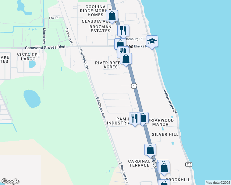 map of restaurants, bars, coffee shops, grocery stores, and more near 387 Lutz Street in Cocoa