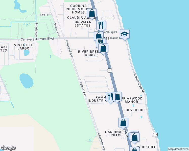 map of restaurants, bars, coffee shops, grocery stores, and more near 387 Lutz Street in Cocoa
