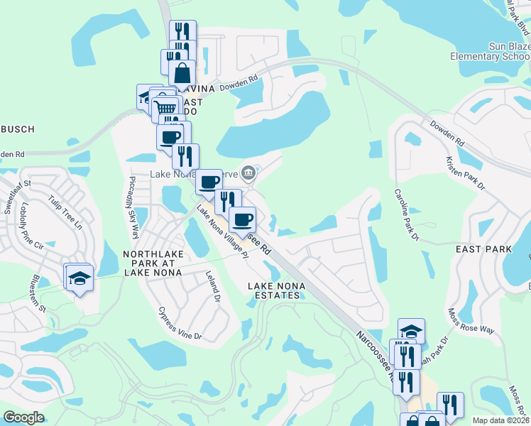 map of restaurants, bars, coffee shops, grocery stores, and more near 9461 Tawnyberry Street in Orlando