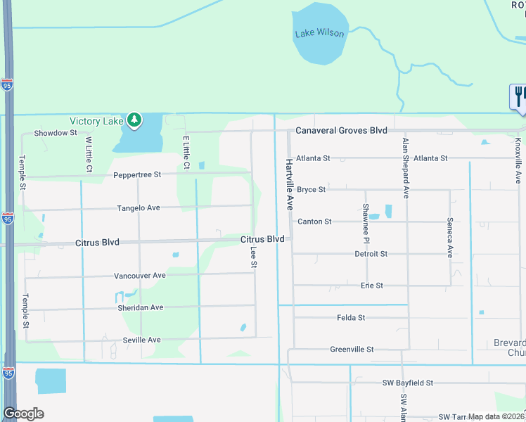 map of restaurants, bars, coffee shops, grocery stores, and more near 4595 Lee Street in Cocoa