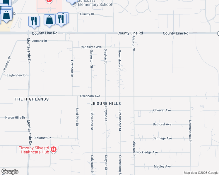 map of restaurants, bars, coffee shops, grocery stores, and more near 18506 Drayton Street in Spring Hill