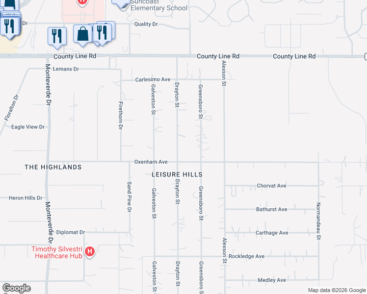 map of restaurants, bars, coffee shops, grocery stores, and more near 18506 Drayton St in Spring Hill