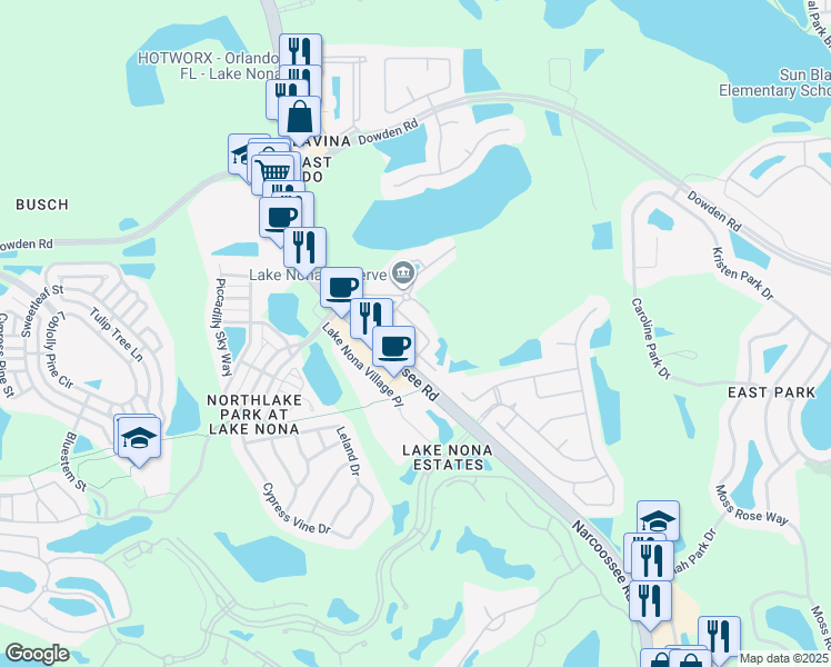 map of restaurants, bars, coffee shops, grocery stores, and more near 9571 Silver Buttonwood Street in Orlando