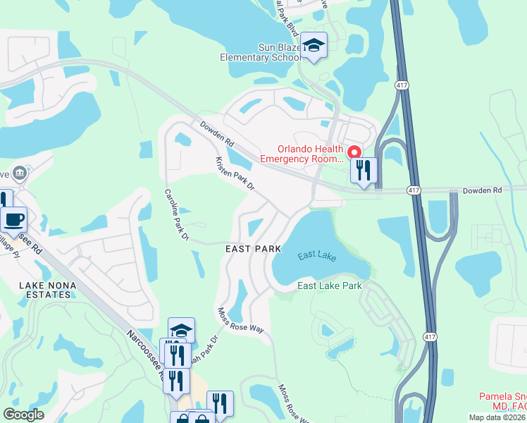 map of restaurants, bars, coffee shops, grocery stores, and more near 9625 Moss Rose Way in Orlando