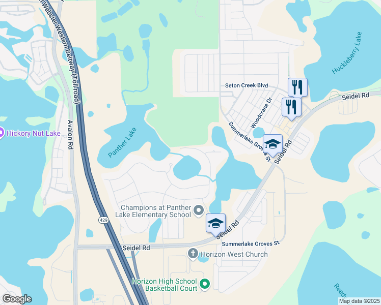 map of restaurants, bars, coffee shops, grocery stores, and more near 15495 Panther Lake Drive in Winter Garden