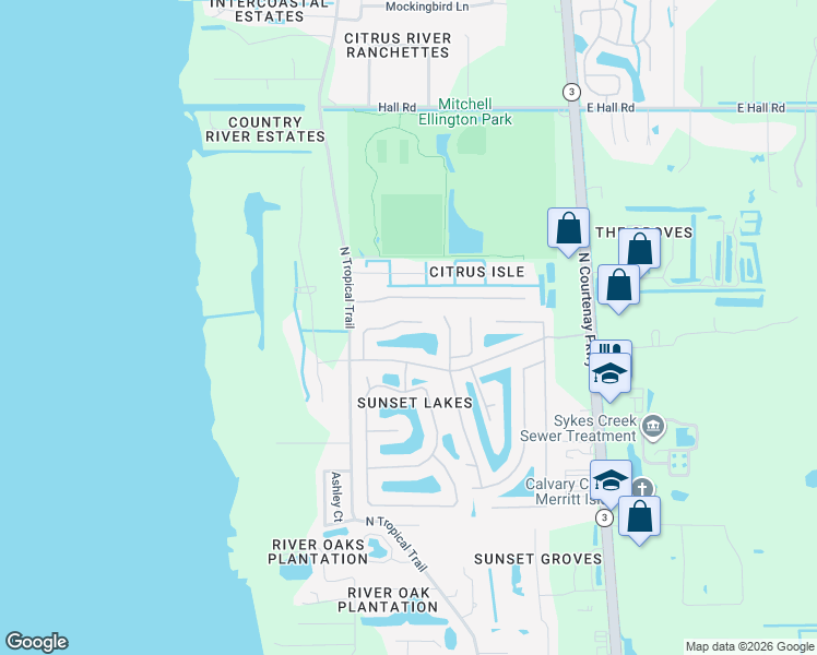 map of restaurants, bars, coffee shops, grocery stores, and more near 733 Killarney Court in Merritt Island