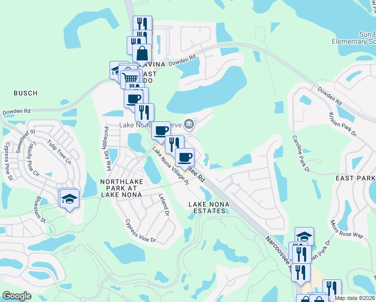 map of restaurants, bars, coffee shops, grocery stores, and more near 9571 Silver Buttonwood Street in Orlando