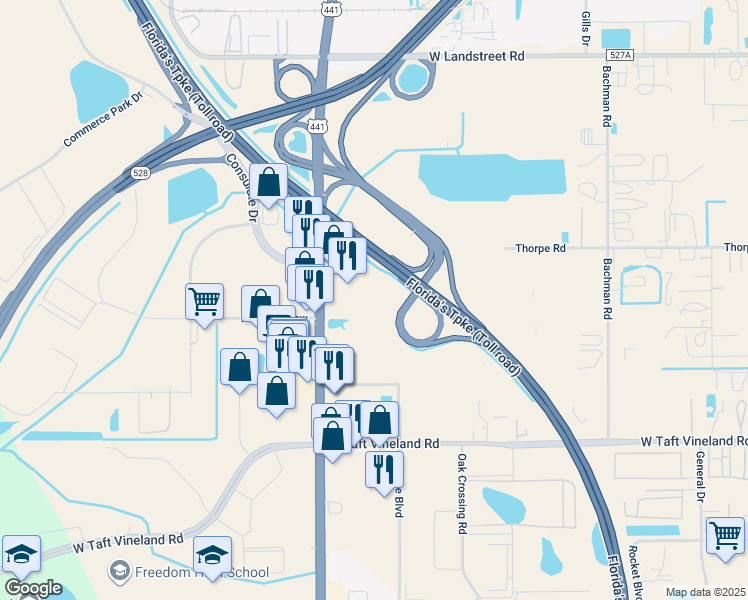map of restaurants, bars, coffee shops, grocery stores, and more near 9309 South Orange Blossom Trail in Orlando