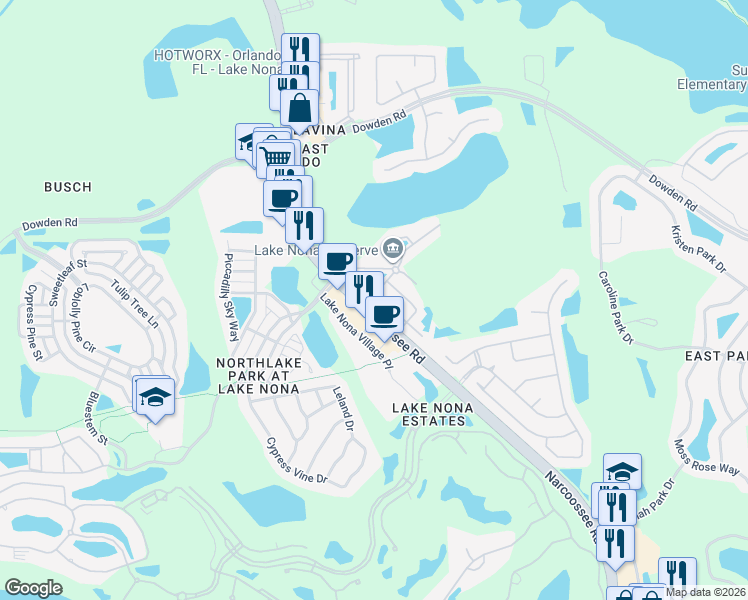 map of restaurants, bars, coffee shops, grocery stores, and more near 9516 Silver Buttonwood Street in Orlando