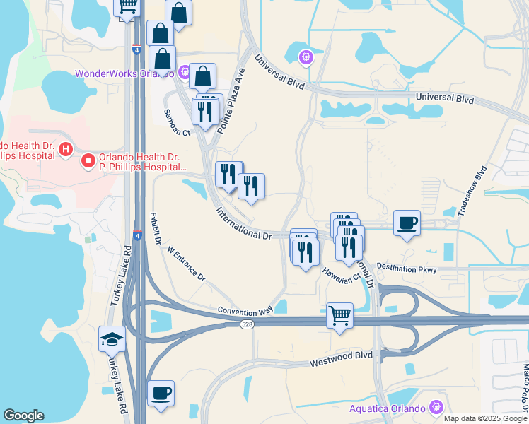 map of restaurants, bars, coffee shops, grocery stores, and more near 9801 International Drive in Orlando