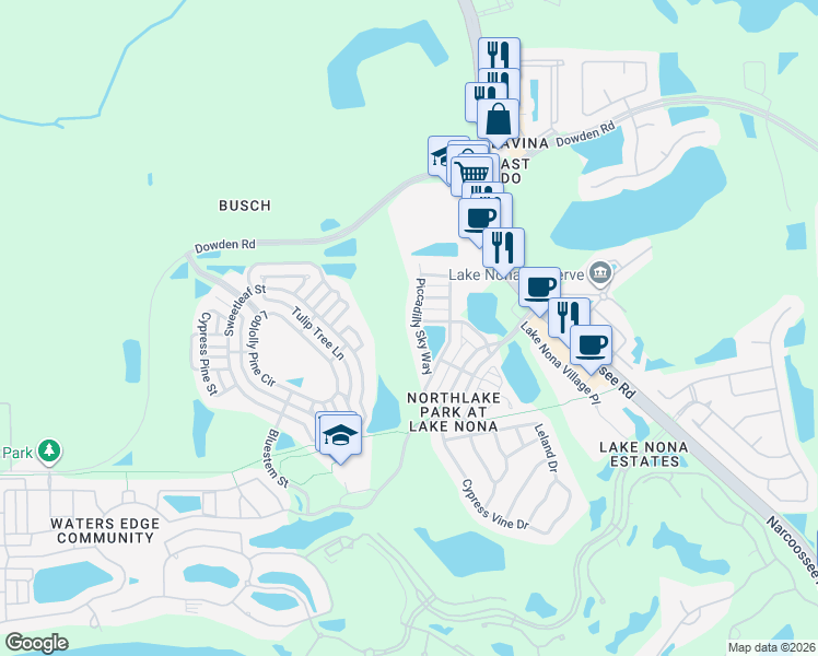 map of restaurants, bars, coffee shops, grocery stores, and more near 9630 Piccadilly Sky Way in Orlando