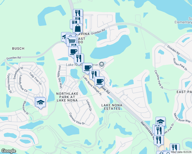 map of restaurants, bars, coffee shops, grocery stores, and more near 9516 Silver Buttonwood Street in Orlando
