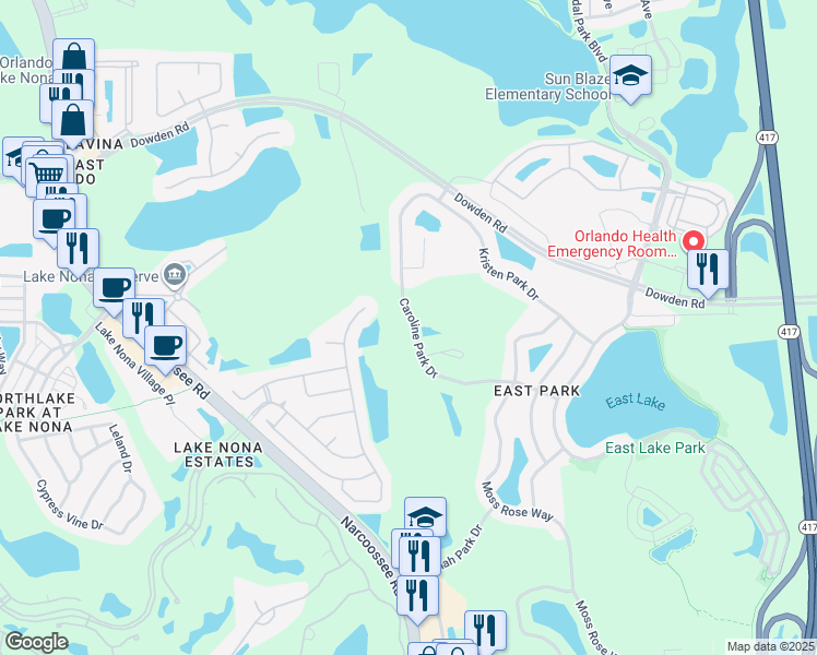 map of restaurants, bars, coffee shops, grocery stores, and more near 10102 Caroline Park Drive in Orlando