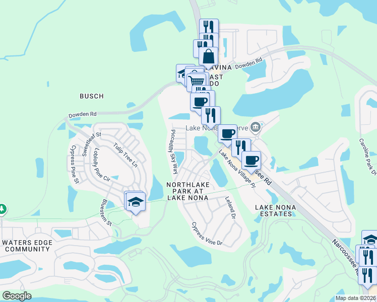 map of restaurants, bars, coffee shops, grocery stores, and more near 9631 Fenrose Terrace in Orlando