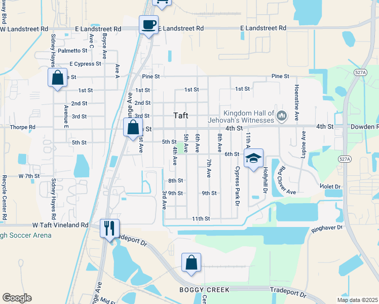 map of restaurants, bars, coffee shops, grocery stores, and more near 9663 5th Avenue in Orlando