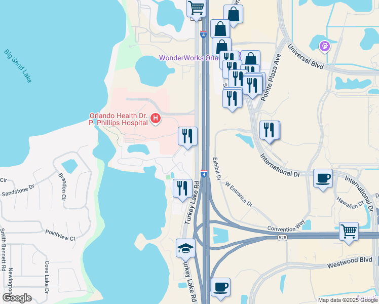 map of restaurants, bars, coffee shops, grocery stores, and more near 9500 Turkey Lake Road in Orlando