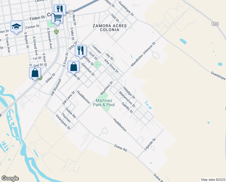 map of restaurants, bars, coffee shops, grocery stores, and more near 1005 Matamoros Street in Cotulla