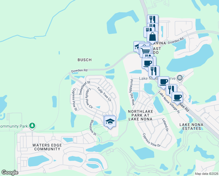 map of restaurants, bars, coffee shops, grocery stores, and more near 8849 Silk Bay Place in Orlando