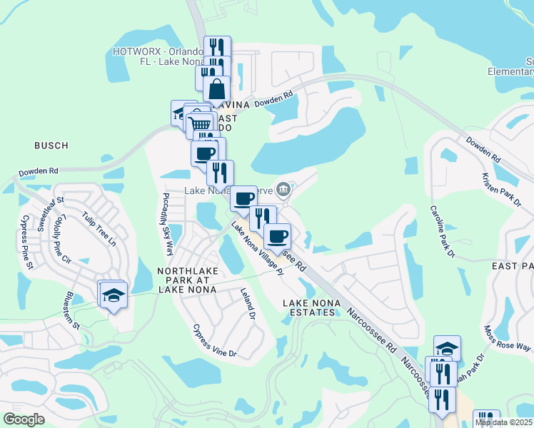 map of restaurants, bars, coffee shops, grocery stores, and more near 9327 Strongbark Lane in Orlando