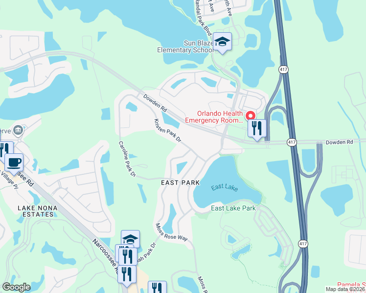 map of restaurants, bars, coffee shops, grocery stores, and more near 10400 Kristen Park Drive in Orlando