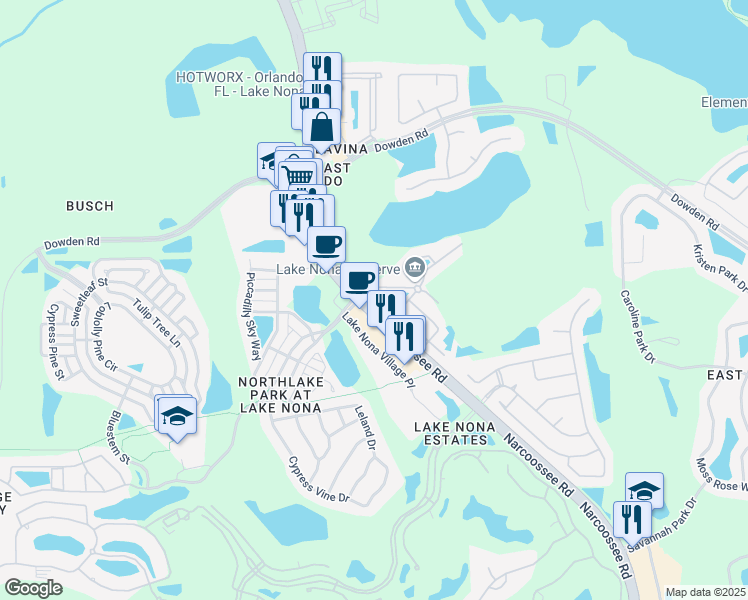 map of restaurants, bars, coffee shops, grocery stores, and more near 9418 Silver Buttonwood Street in Orlando