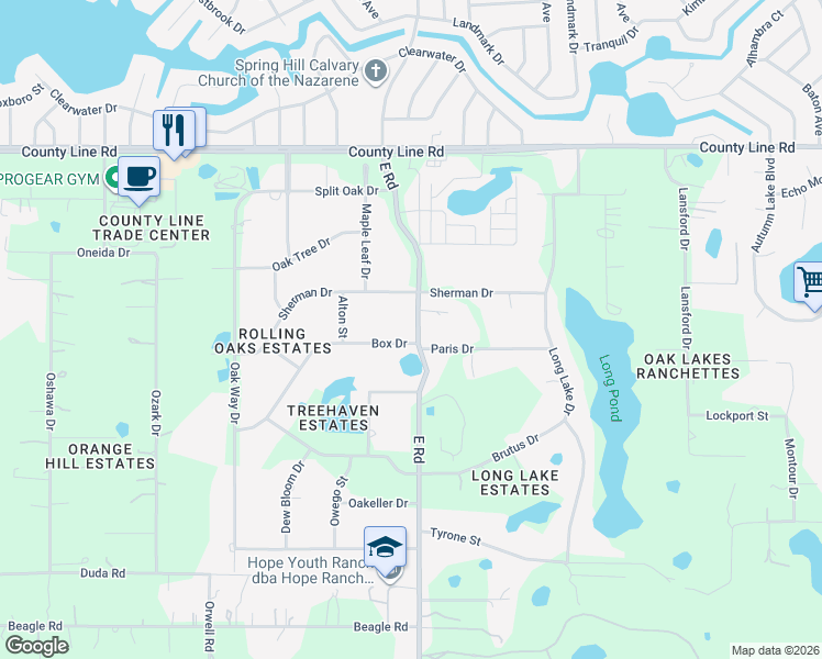 map of restaurants, bars, coffee shops, grocery stores, and more near 18548 East Road in Hudson