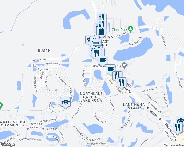 map of restaurants, bars, coffee shops, grocery stores, and more near 9563 Fenrose Terrace in Orlando
