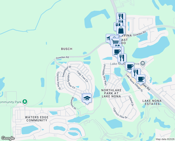 map of restaurants, bars, coffee shops, grocery stores, and more near 8849 Silk Bay Place in Orlando