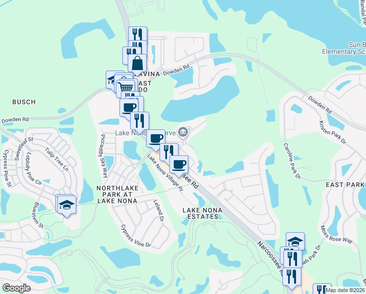map of restaurants, bars, coffee shops, grocery stores, and more near 9403 Strongbark Lane in Orlando