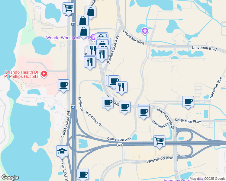 map of restaurants, bars, coffee shops, grocery stores, and more near 9801 International Drive in Orlando