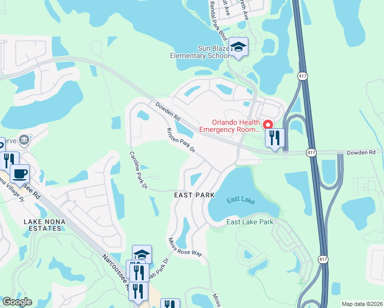 map of restaurants, bars, coffee shops, grocery stores, and more near 10400 Kristen Park Drive in Orlando