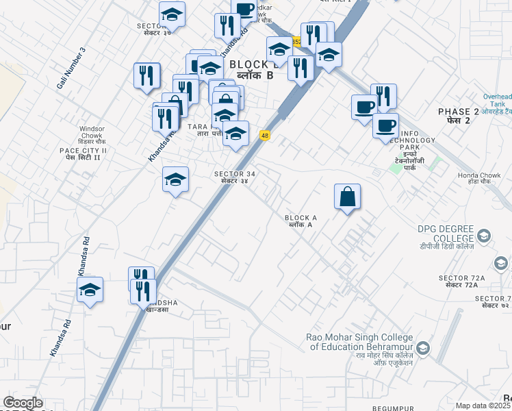 map of restaurants, bars, coffee shops, grocery stores, and more near 38th Milestone in Gurugram