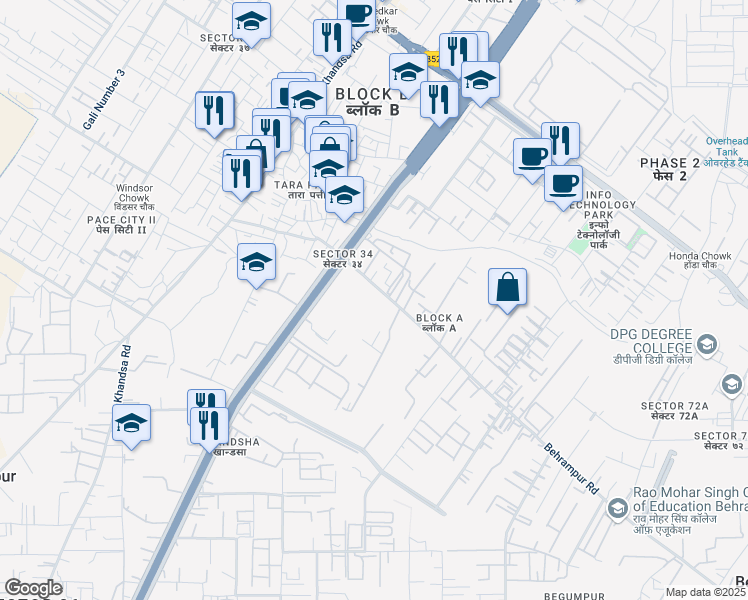 map of restaurants, bars, coffee shops, grocery stores, and more near 38th Milestone in Gurugram