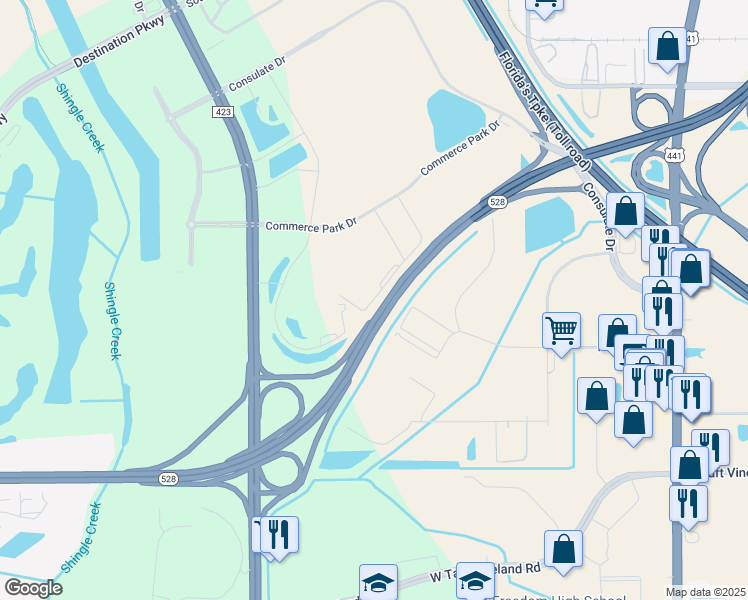 map of restaurants, bars, coffee shops, grocery stores, and more near Martin Andersen Beachline Expressway in Orlando