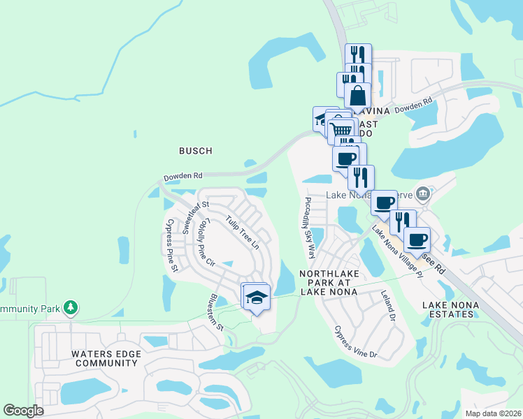 map of restaurants, bars, coffee shops, grocery stores, and more near 8849 Silk Bay Pl in Orlando
