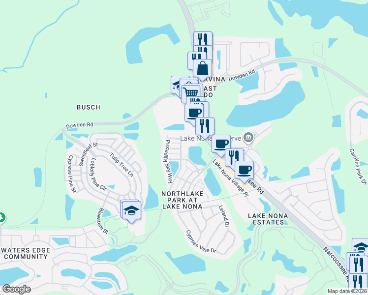 map of restaurants, bars, coffee shops, grocery stores, and more near 9539 Fenrose Terrace in Orlando