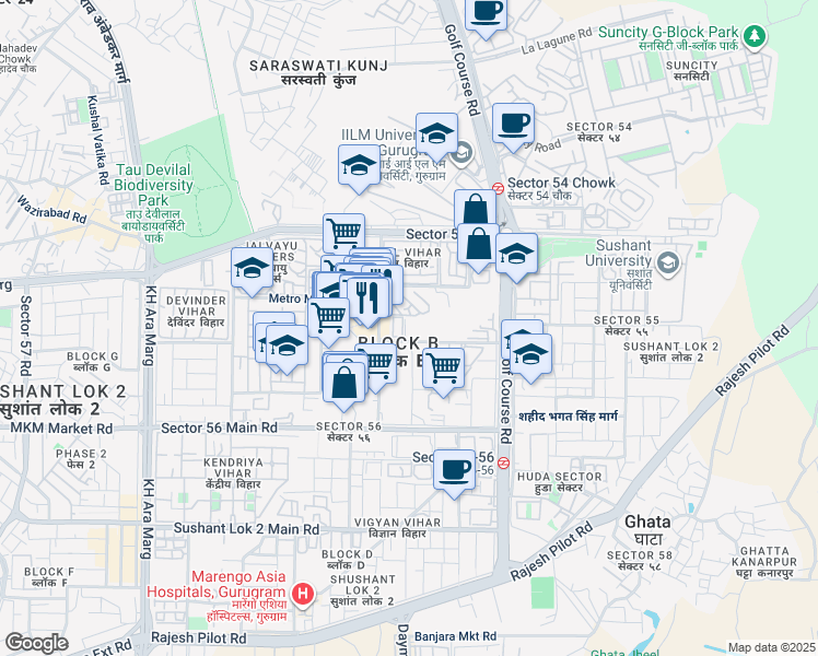 map of restaurants, bars, coffee shops, grocery stores, and more near Unnamed Road in Gurugram