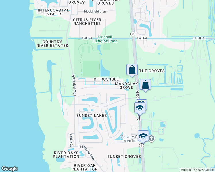 map of restaurants, bars, coffee shops, grocery stores, and more near 658 Mandalay Grove Court in Merritt Island