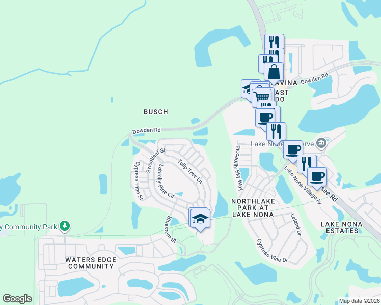 map of restaurants, bars, coffee shops, grocery stores, and more near 8749 Silk Bay Place in Orlando