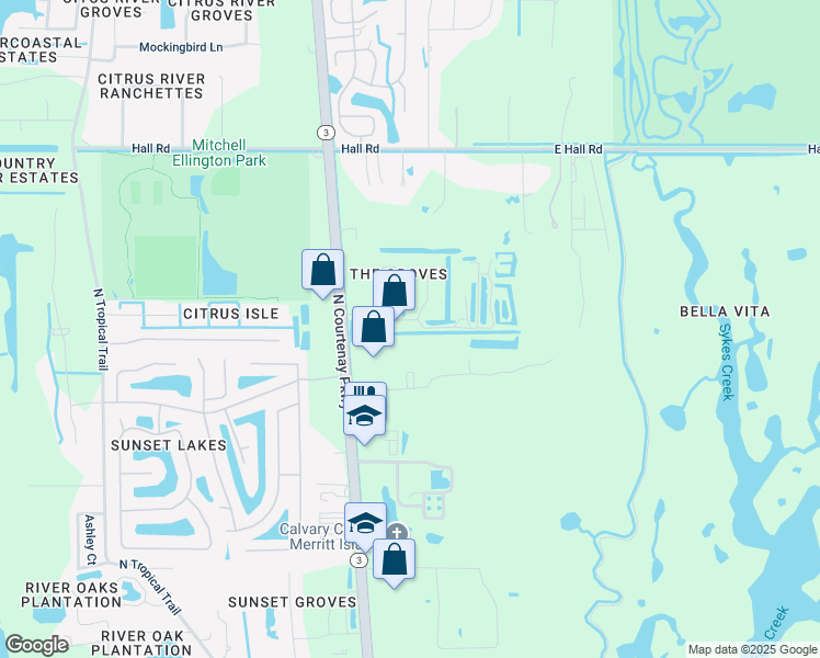 map of restaurants, bars, coffee shops, grocery stores, and more near 139 Gator Drive in Merritt Island
