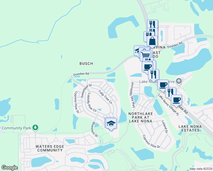 map of restaurants, bars, coffee shops, grocery stores, and more near 8799 Coco Plum Place in Orlando