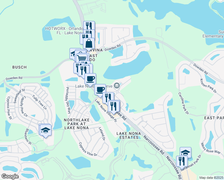 map of restaurants, bars, coffee shops, grocery stores, and more near 9351 Strongbark Lane in Orlando